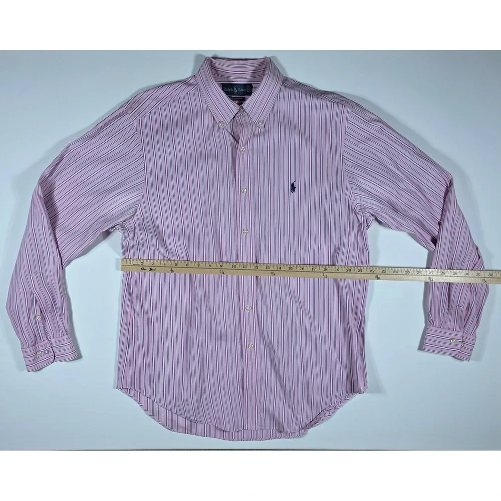 Ralph Lauren Men's Classic Fit Striped Button Down Pink Navy Blue 16.5 34/35